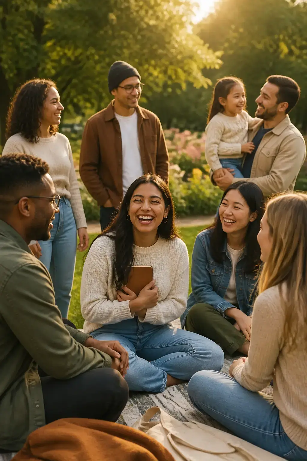 Hero cover: a cheerful, diverse group of adults and a child outdoors in soft golden-hour light, one smiling person holdi
