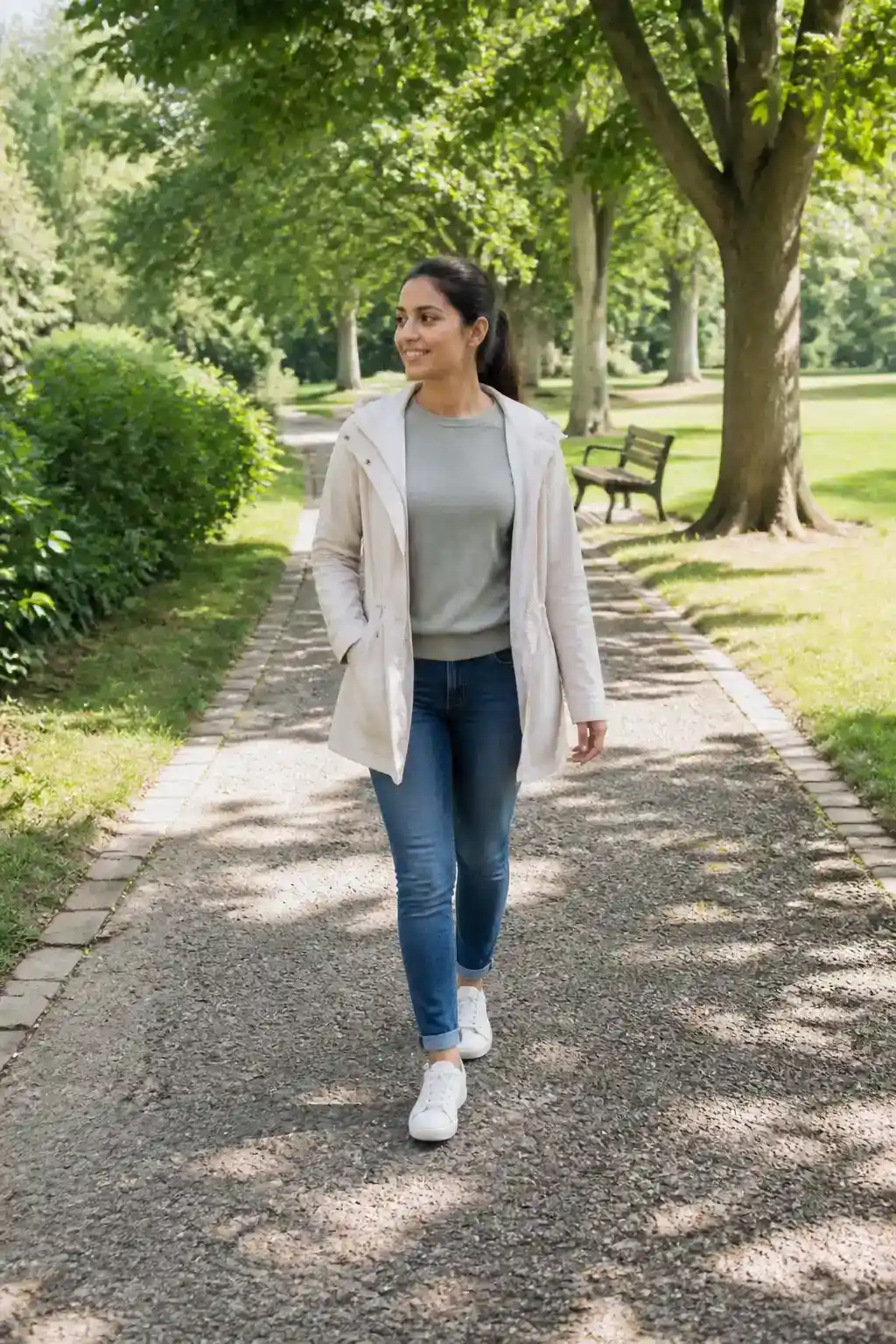 Outdoor scene of a person walking through a leafy park path, mid-stride, wearing sneakers and a light jacket; daylight,
