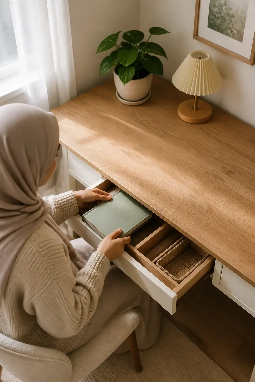 Cozy home corner with a clutter-cleared desk and a small plant; hands placing a book into a drawer, soft morning light,