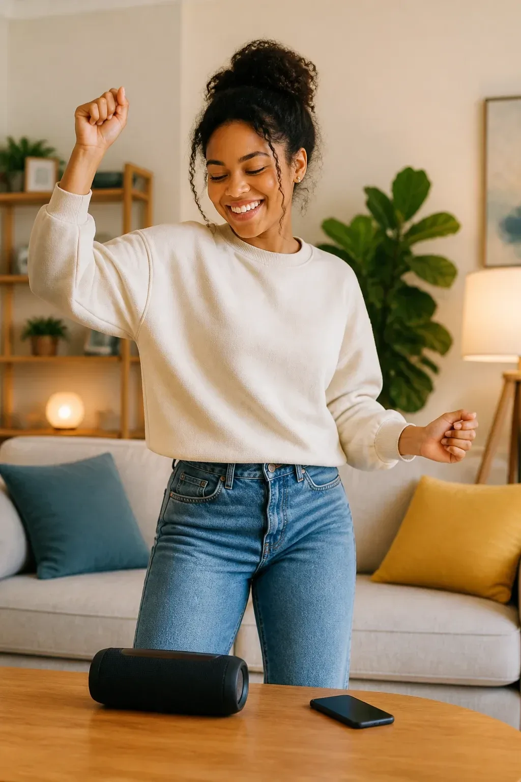 Living room scene with a person dancing lightly to three upbeat songs, wearing casual clothes, speaker and phone on a ta
