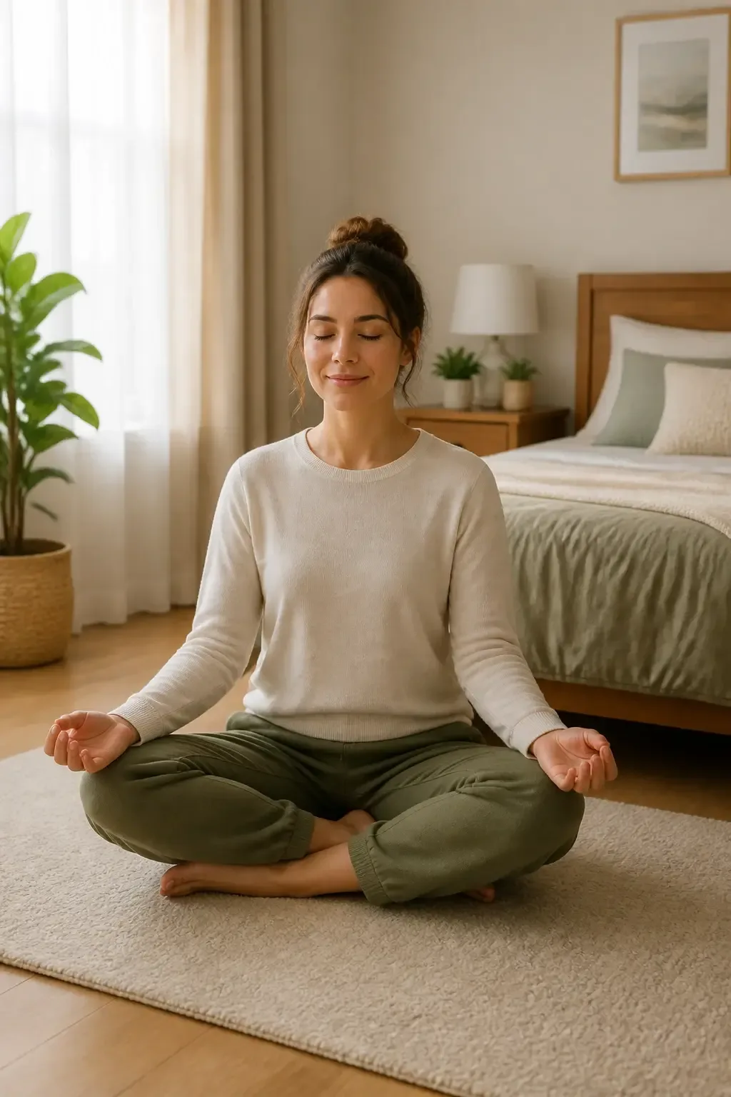 Calm bedroom setting; person seated cross-legged on floor performing mindful breathing, soft natural light through curta