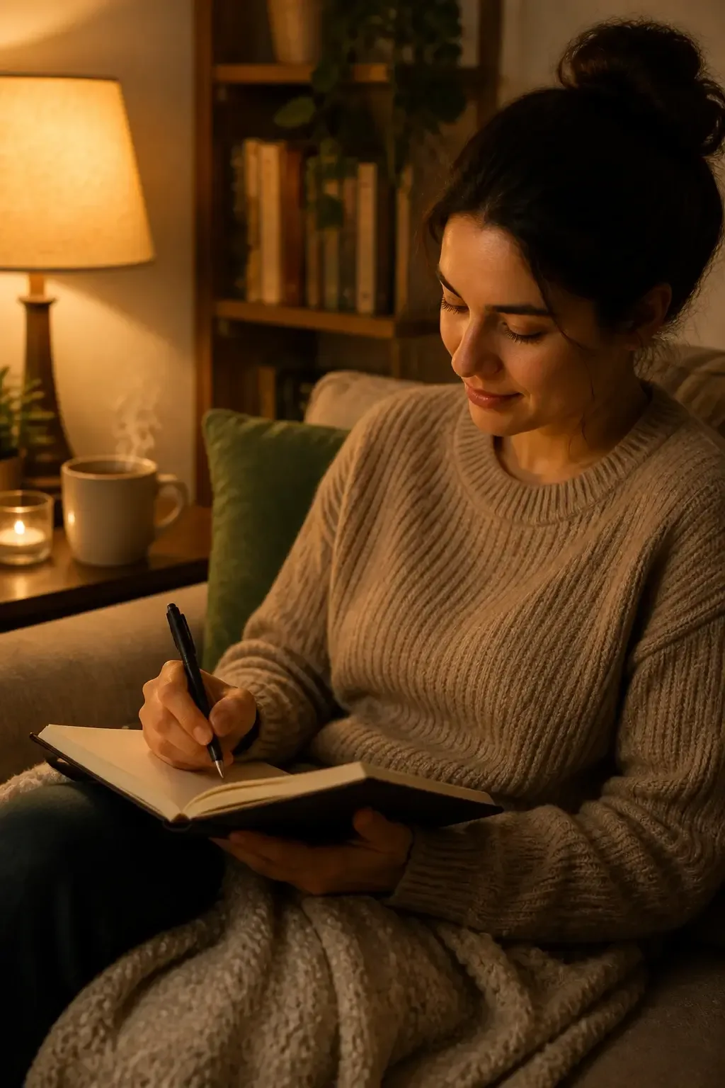 Evening scene of a person journaling on a couch by a lamp, warm glow, notebook open, pen poised, relaxed posture, close-