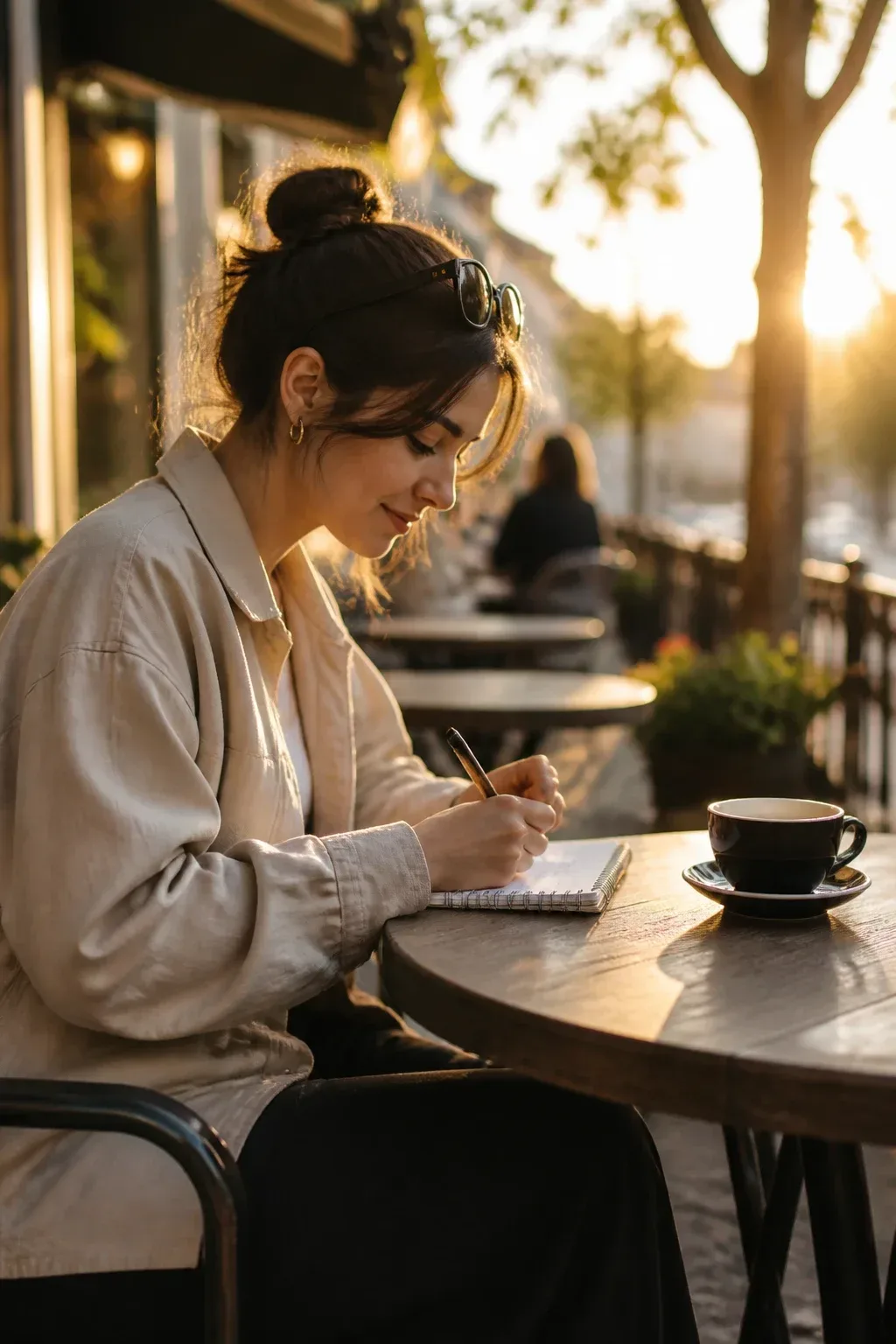 Sunlit outdoor cafe at golden hour; person planning a weekend activity on a small notebook, coffee cup nearby, relaxed,