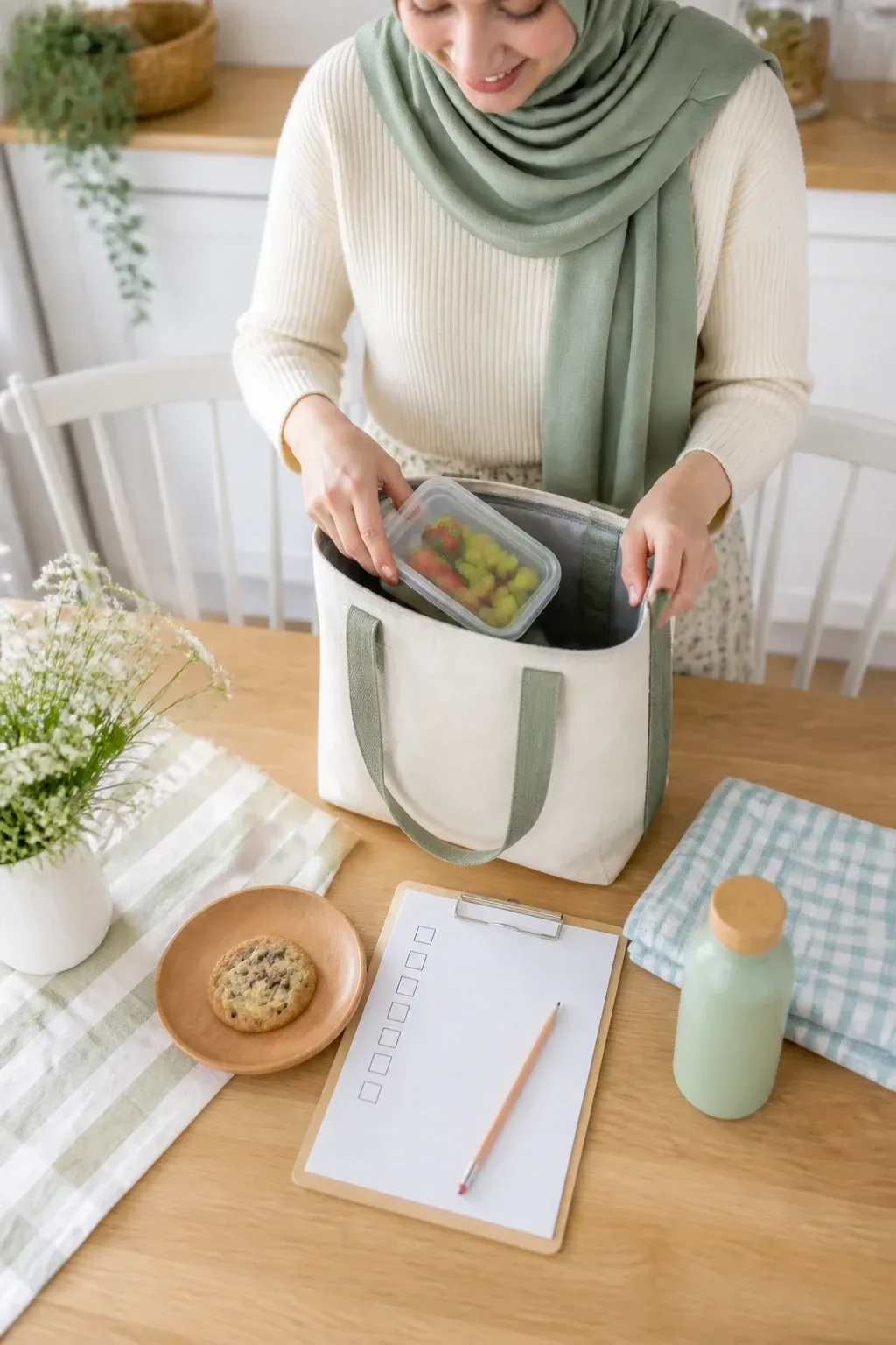 Bright, airy kitchen table with a simple picnic checklist and small treat, person smiling while placing items in a bag,