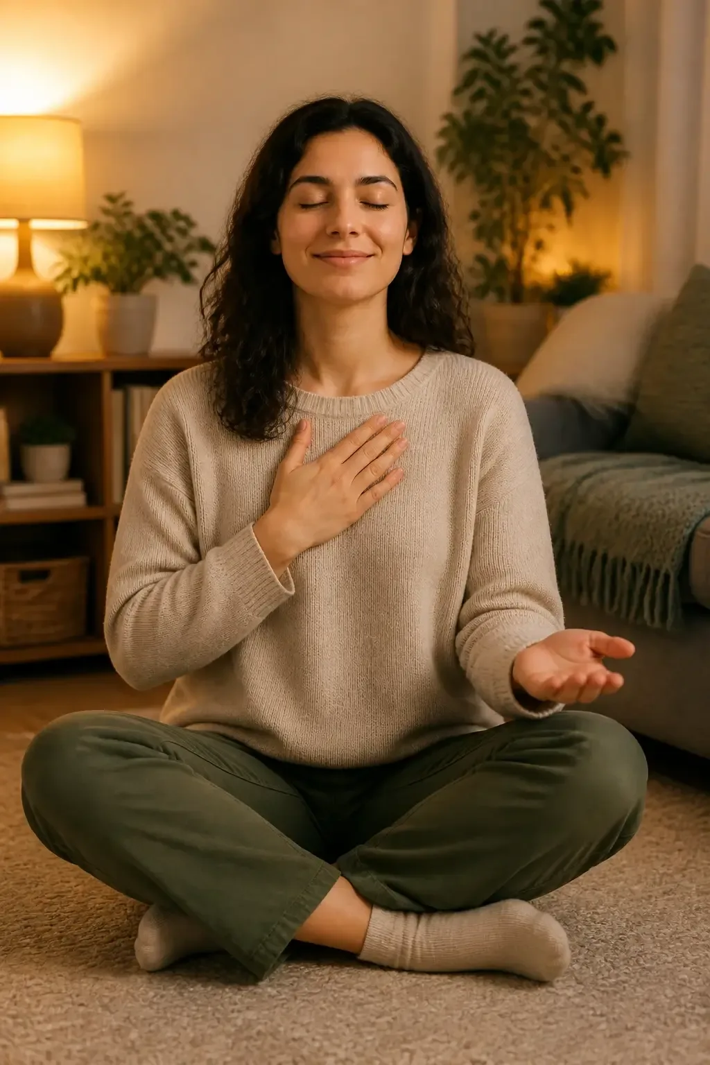 Loving-kindness meditation portrait: person seated cross-legged, soft smile, hands resting on heart and outward, cozy li
