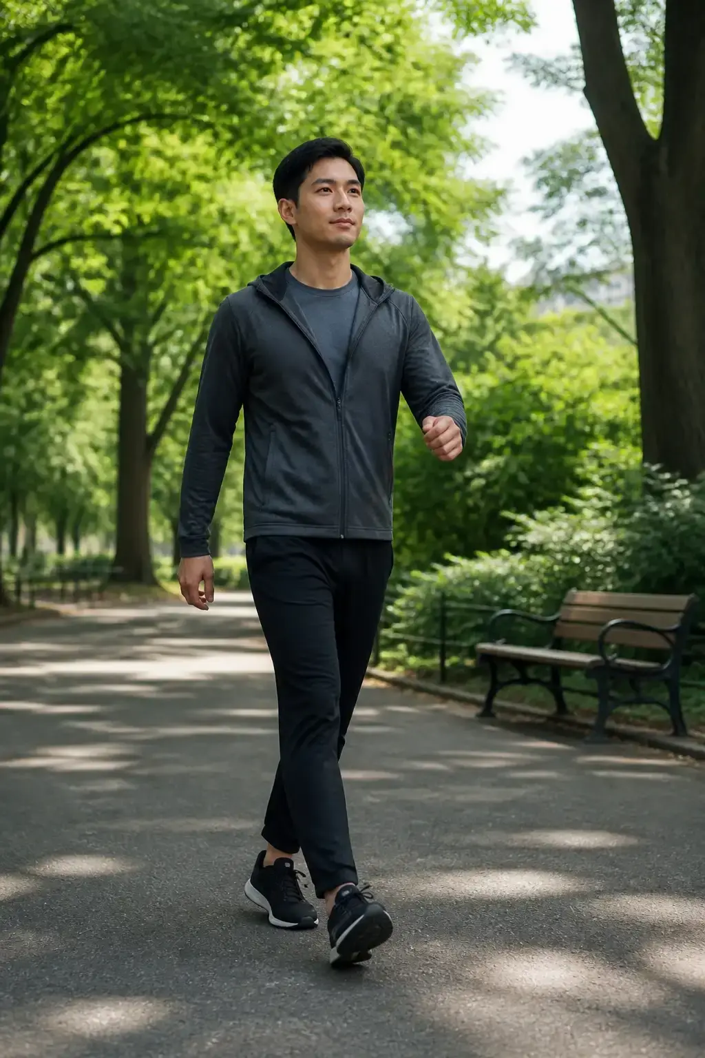 Mindful walking scene: person mid-stride on a shaded city park path, athletic casual wear, headphones tucked away, focus