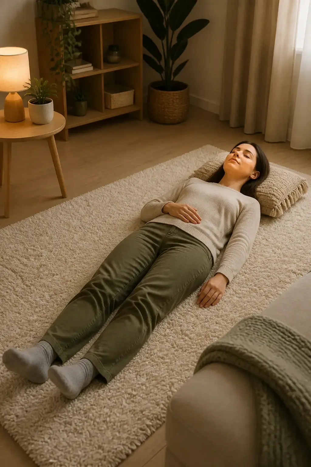 Body scanning scene in a quiet living space: person lying on a soft rug with a calm face, toes to crown, gentle hand on 