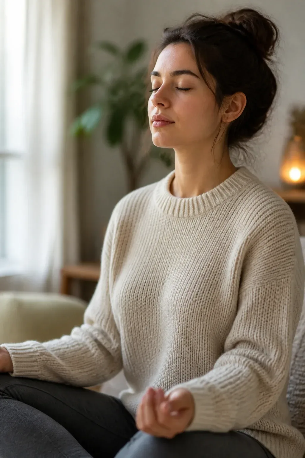 A close-up of a person practicing gentle breath awareness, hands resting on knees, wearing cozy sweater; soft window lig
