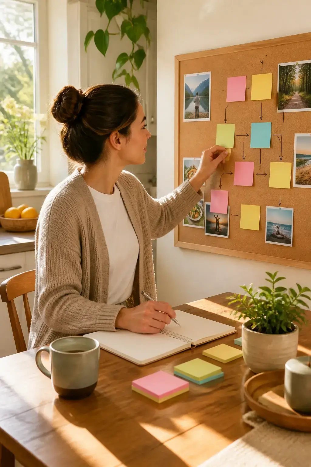 Scene of integrating visualization and planning: person in a sunlit kitchen planning steps on a corkboard with sticky no