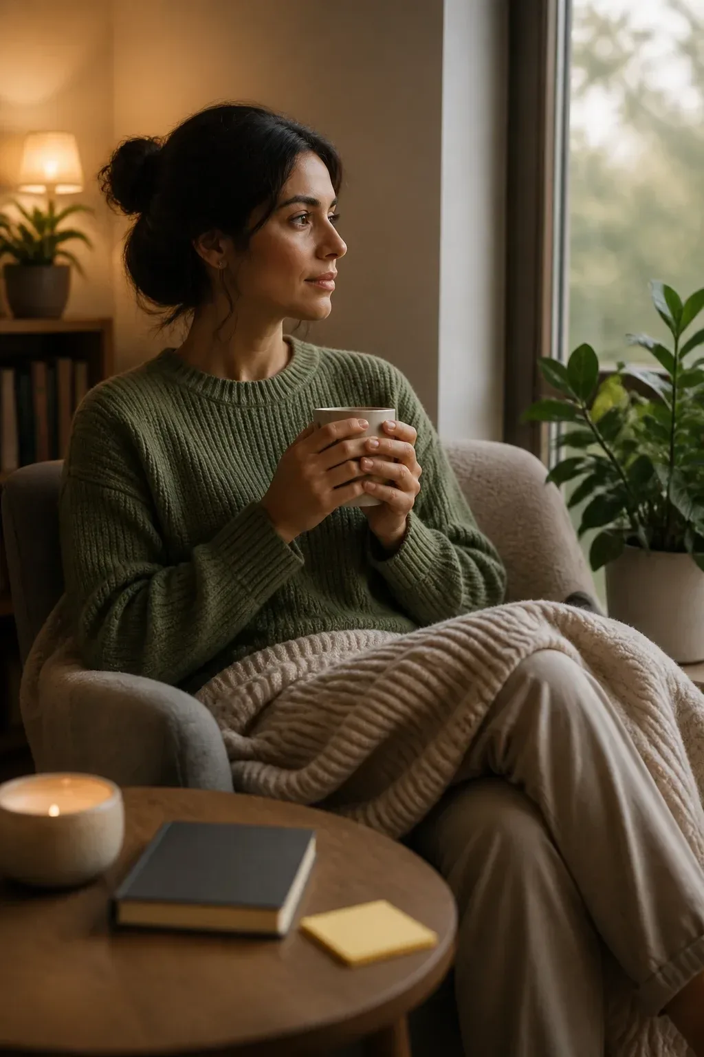 SOBER reflection ritual: person seated quietly in a cozy corner with a soft throw, observing surroundings, breathing slo