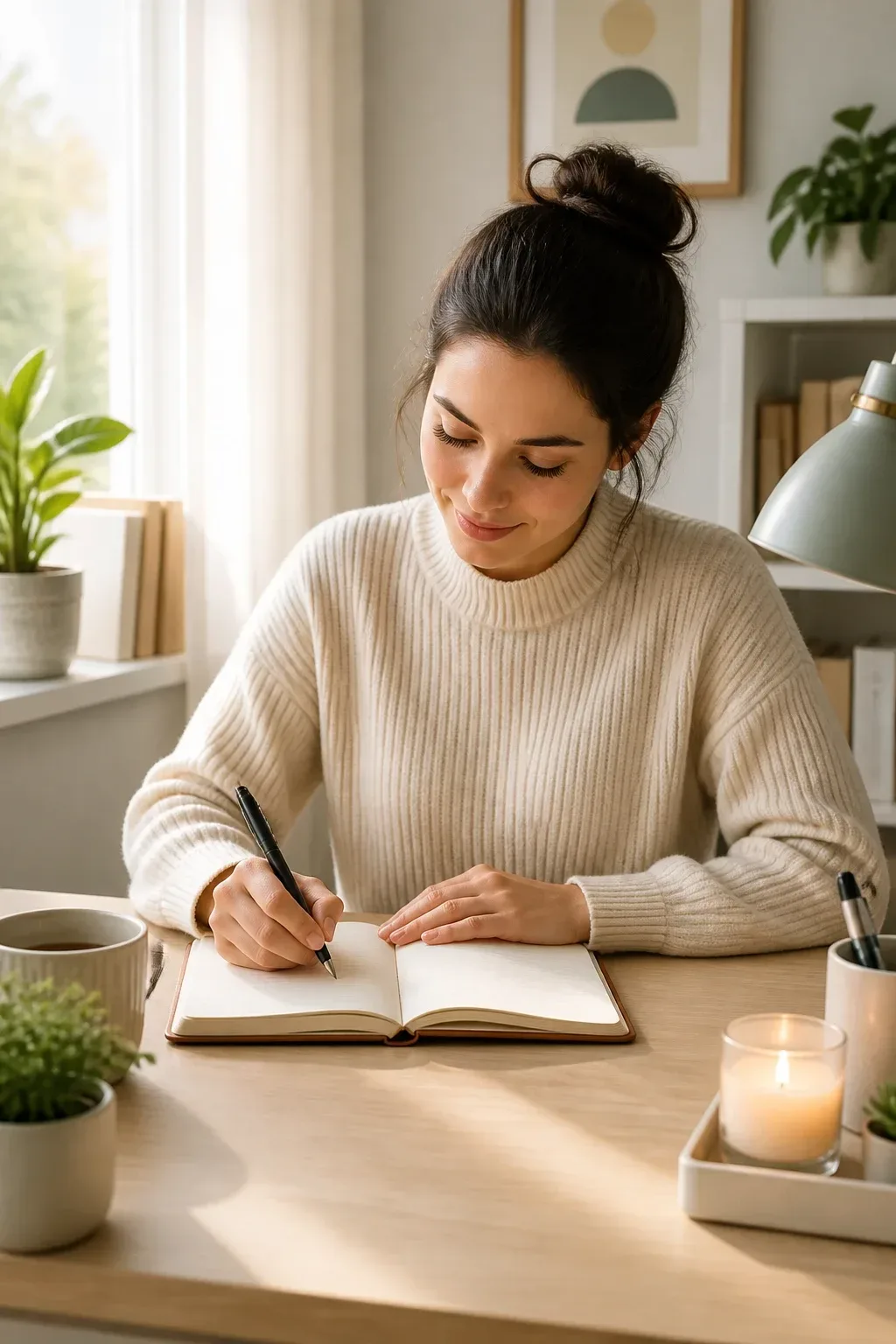Focused attention shot: person at a tidy desk journaling for a daily habit, neat notebook, pen mid-write, soft morning l
