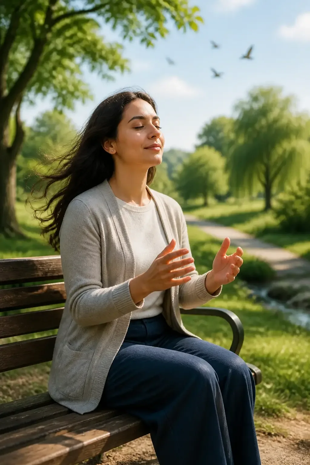 Three-quarter view of someone visualizing a goal: seated on a wooden bench in a sunlit park, eyes closed, hands lightly 