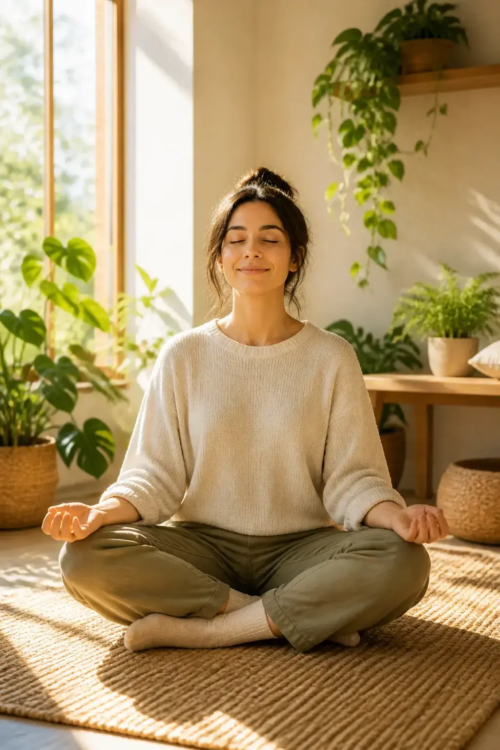 Cover image: a calm, confident person seated cross-legged in a sunlit, airy room, eyes closed with a gentle smile, surro