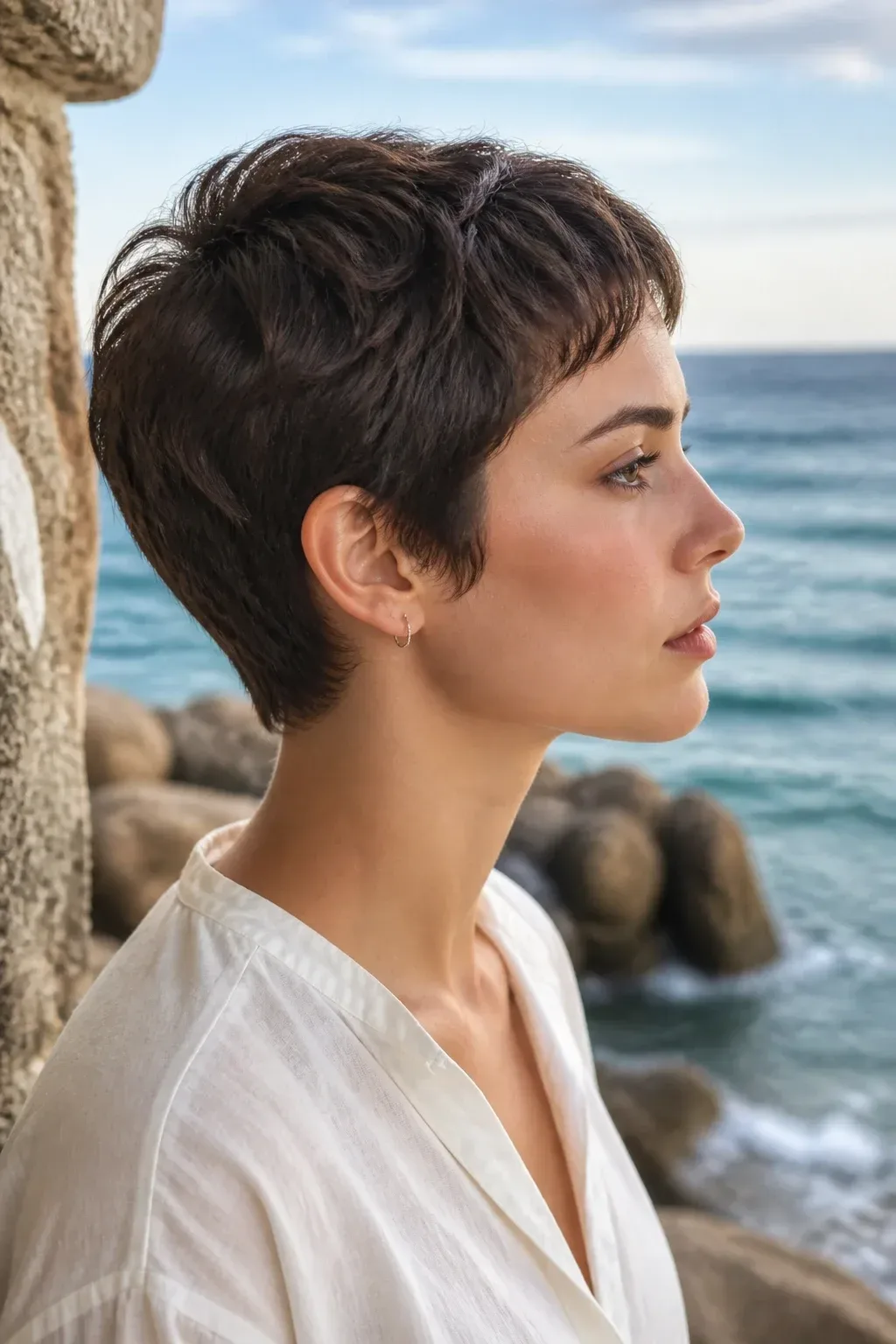 Side-profile shot of a pixie-cut model in a breezy seaside nook, subtle waves at crown and nape emphasized with a tiny w