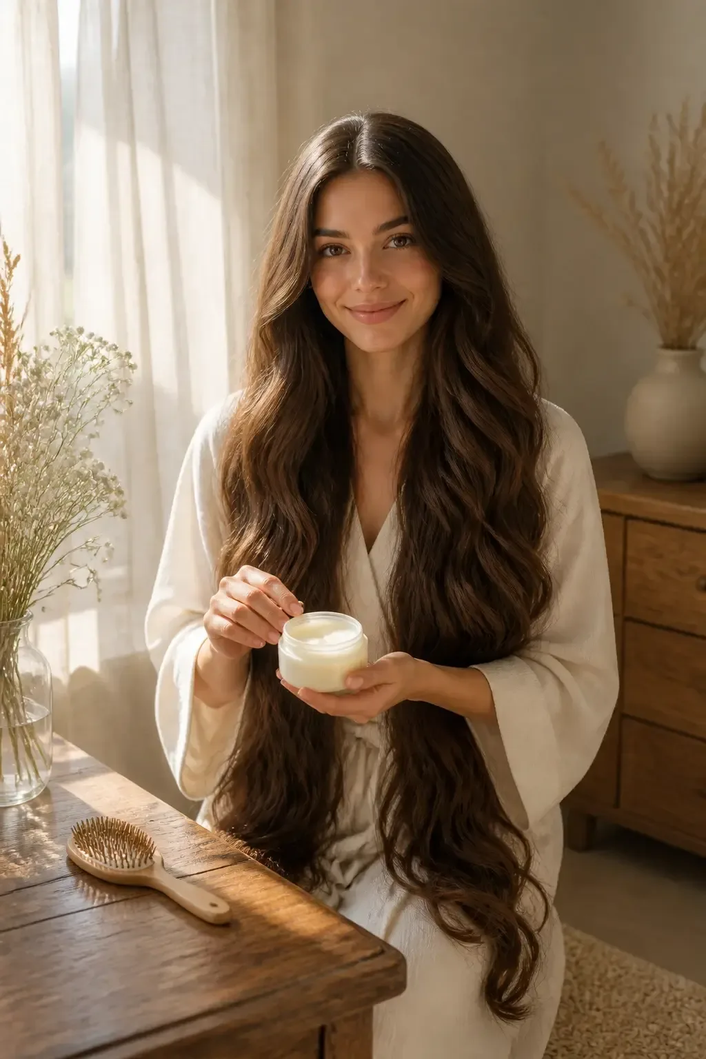Long, mermaid-length hair on a model indoors by a sunlit window, soft ends curling, holding a lightweight conditioning b