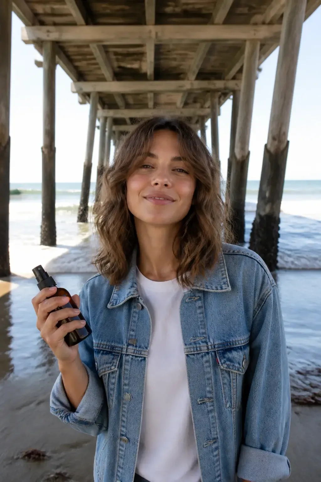 Shoulder-length shaggy waves on a model outdoors under a boardwalk, wind lightly tousling layers; model wears a casual d