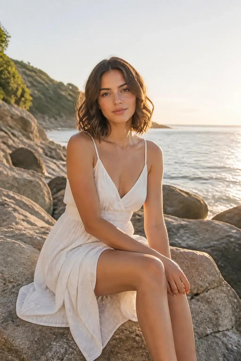 Medium shot of a shoulder-length bob with loose waves, model seated on a sunlit rock formation by the shore; hair styled