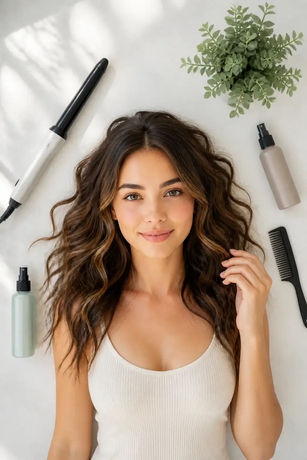 Top-down flat-lay of styling toolkit: curling wand, texturizing spray, comb, and sea-salt spray arranged around a model&rsquo;