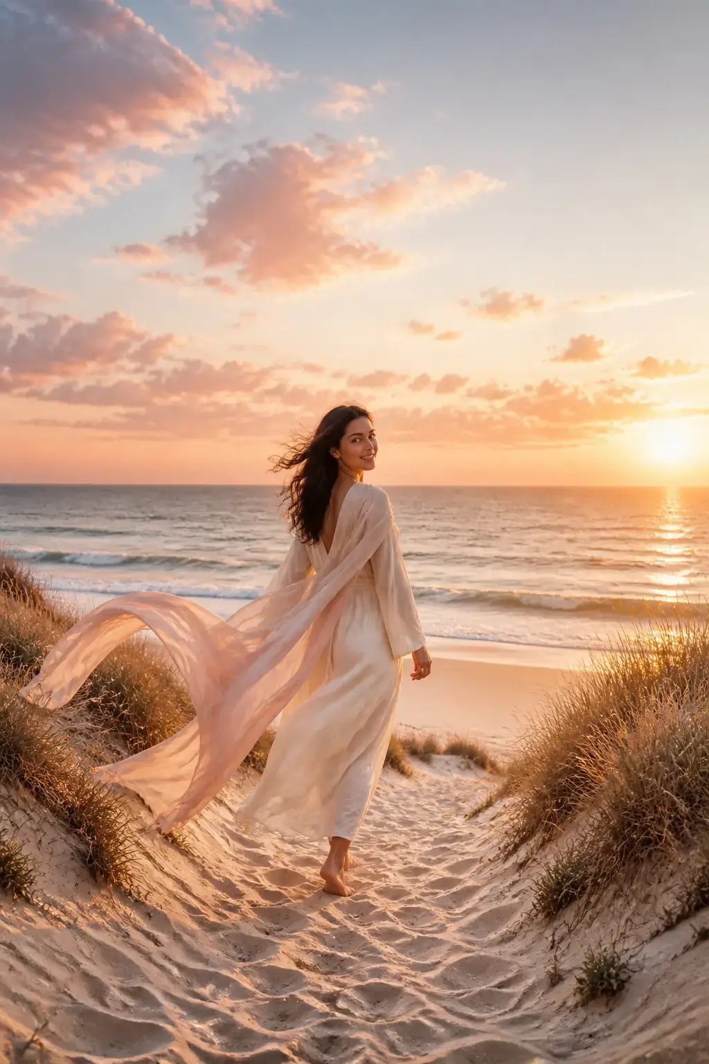 Wide environmental shot of a beach dune profile with a model walking toward the sea, long waves cascading, wind-blown sc