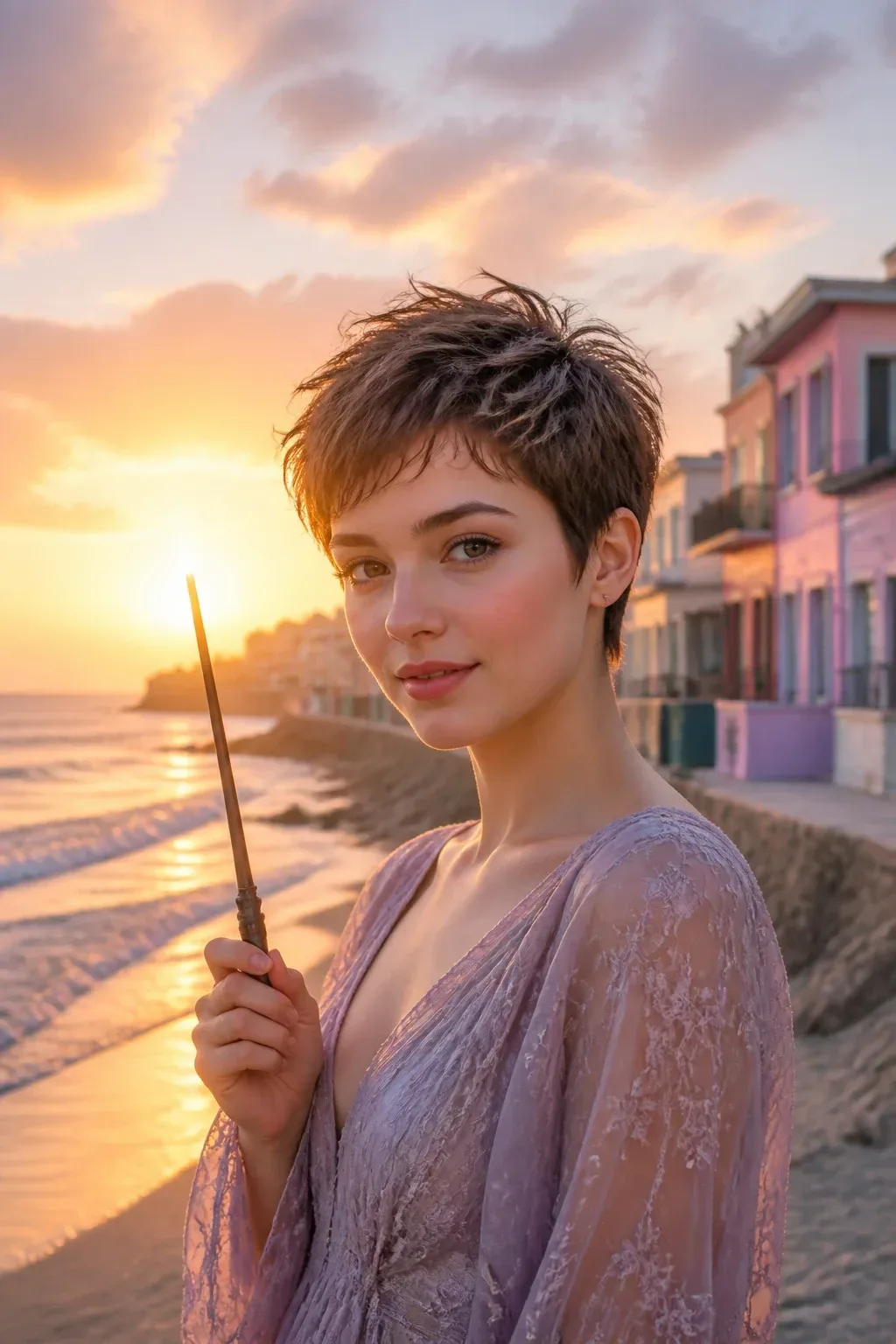 Three-quarter view of a short pixie with beachy texture, a small wand in hand, soft glow from sunrise behind the model, 