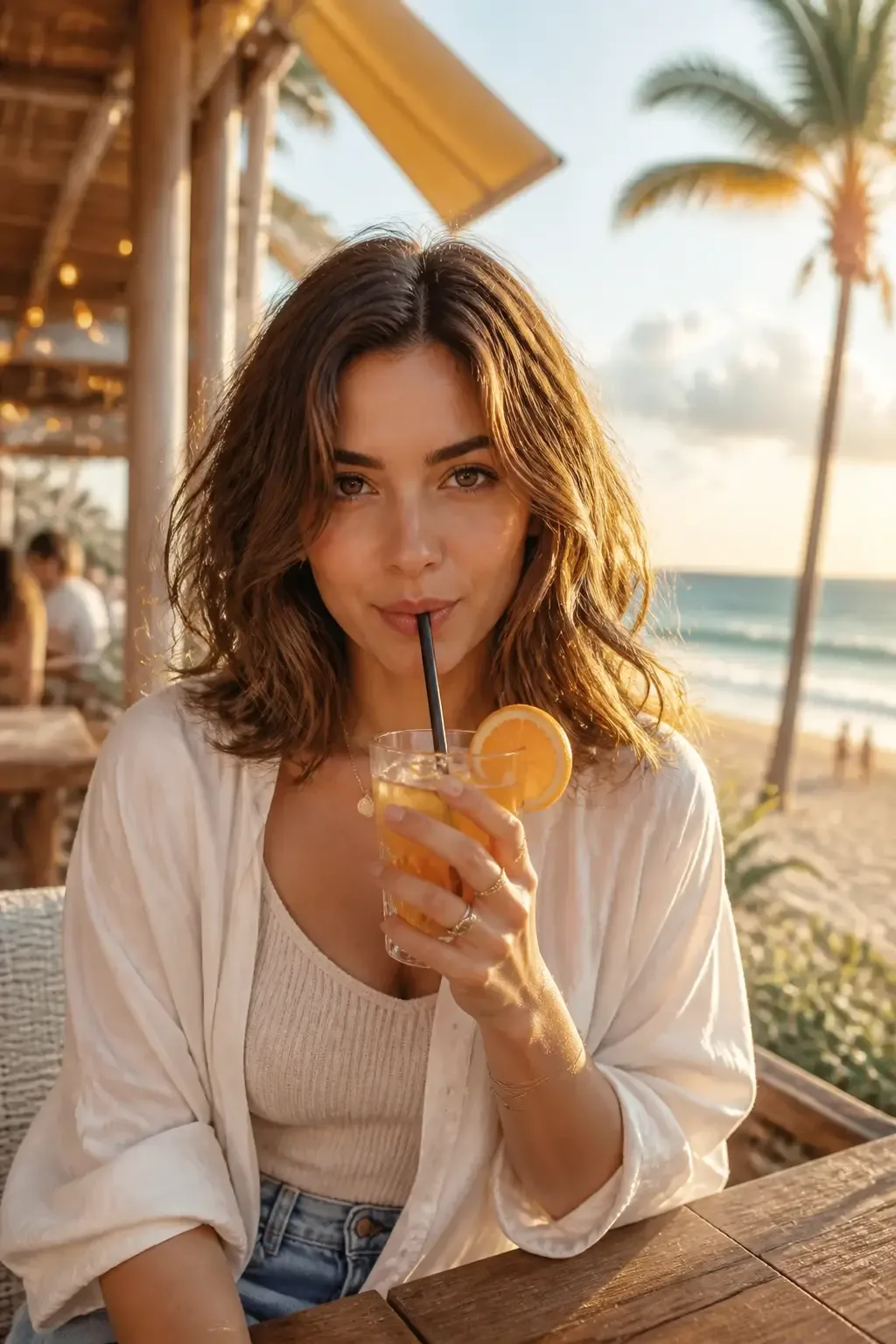 Outdoor cafe scene adjacent to the beach, model with shoulder-length shaggy waves sipping a drink, casual chic outfit; w
