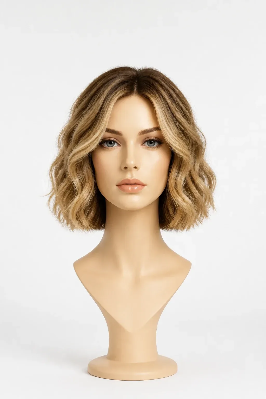 Minimalist studio setup with a single mannequin head displaying soft beach waves on a short bob; studio lighting creates