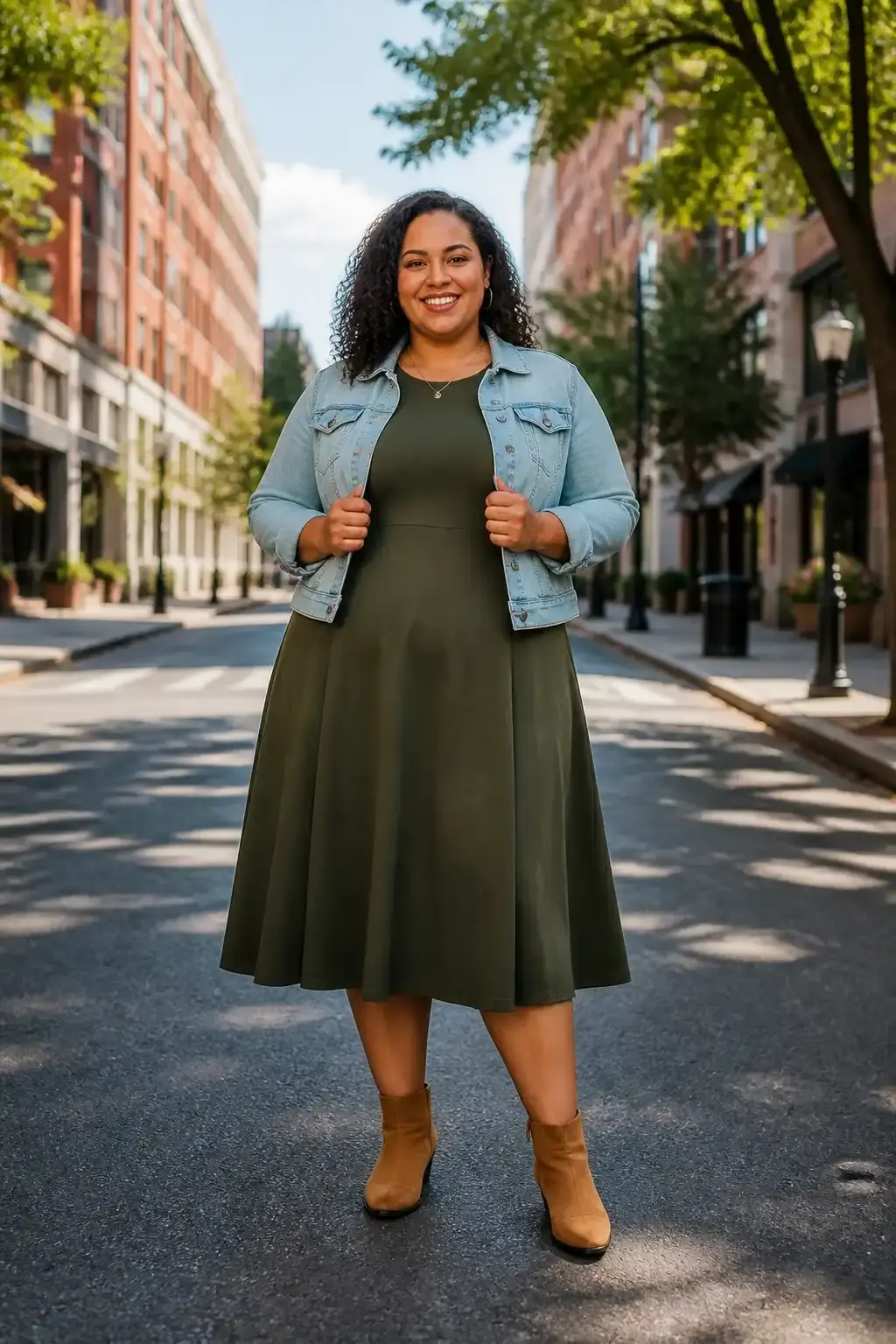 A confident plus-size woman stands in a bright urban street, wearing a classic A-line midi dress under a light denim jac