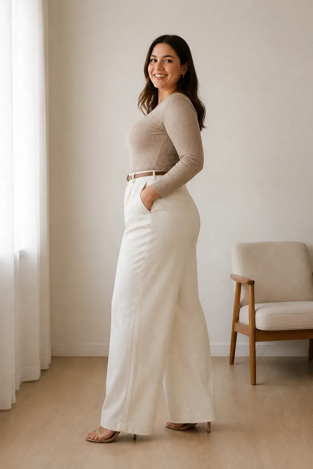 A side-angle portrait of a curvy woman in high-rise wide-leg pants paired with a fitted knit top, a slim belt, and heele