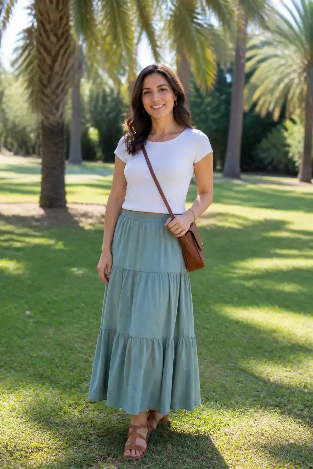 Outdoor scene of a woman in a tiered maxi skirt with a slim-fit top, sandals, and a crossbody bag. Breezy park setting, 