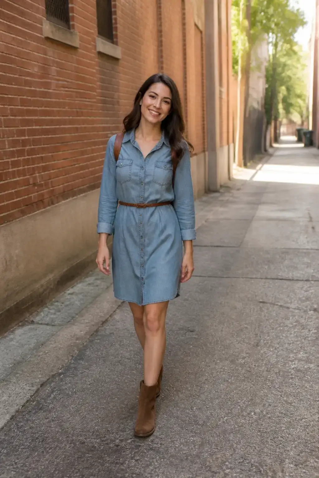 Casual city stroll: chambray shirt dress belted at the waist, ankle boots, small backpack. Side alleyway with warm brick