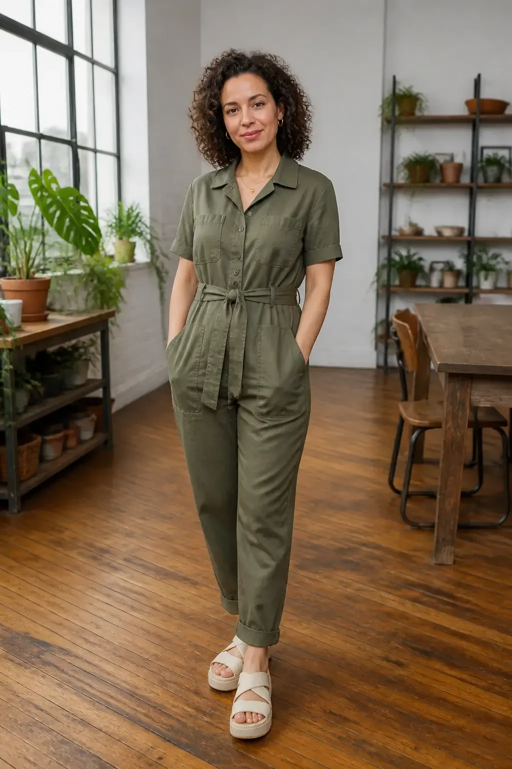 Wide shot of a utility jumpsuit with a tied belt, platform sandals, and minimal jewelry. Loft-style room with wooden flo