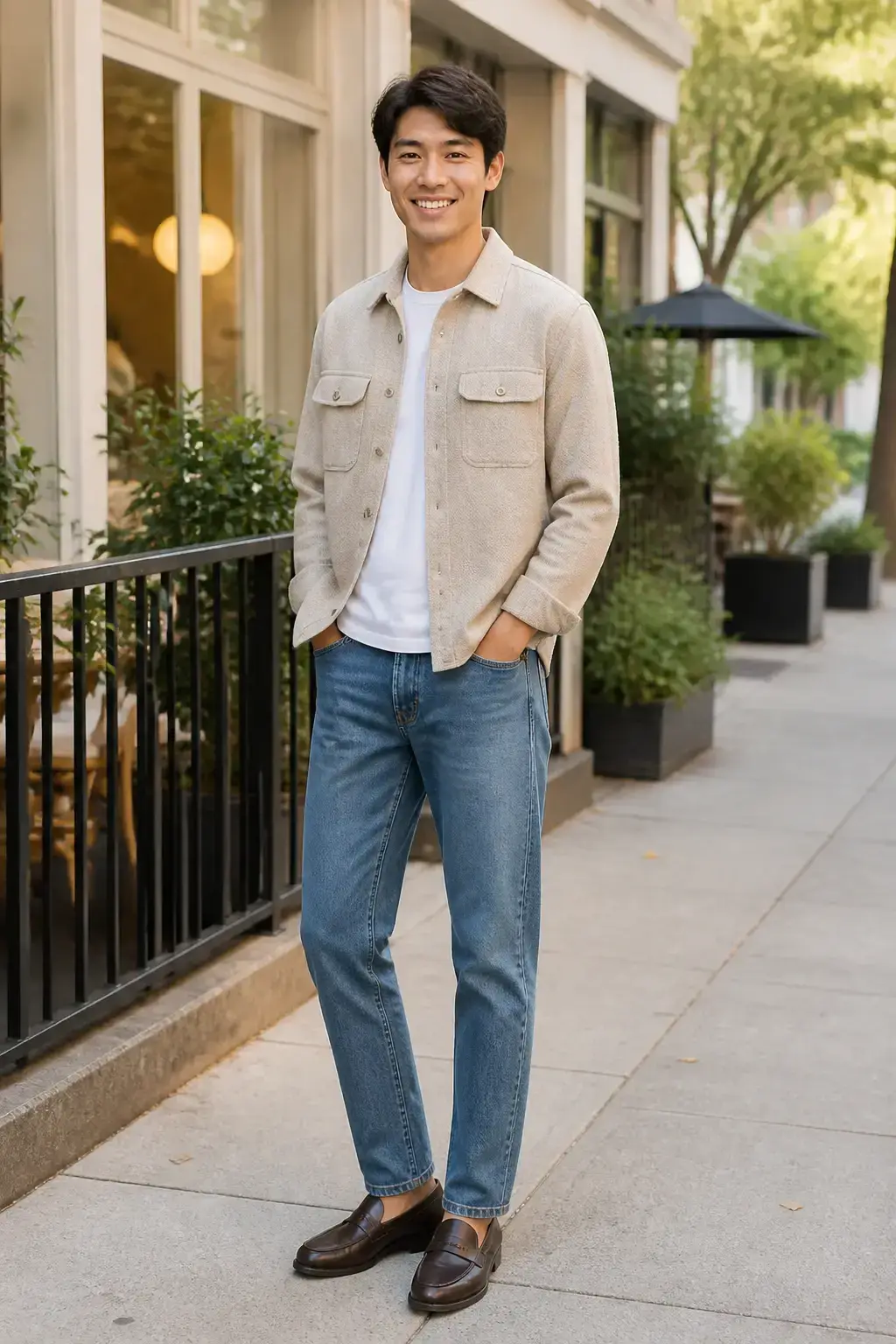 Cozy city day: button-down shacket layered over a simple tee with straight-leg jeans, loafers. Bright caf&eacute; backdrop, rai