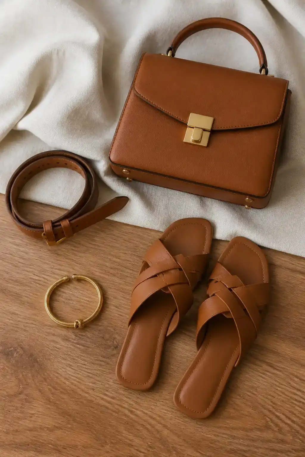 Flat lay of accessories: belt, structured handbag, sandals, and a simple bracelet arranged on a wooden surface with a so