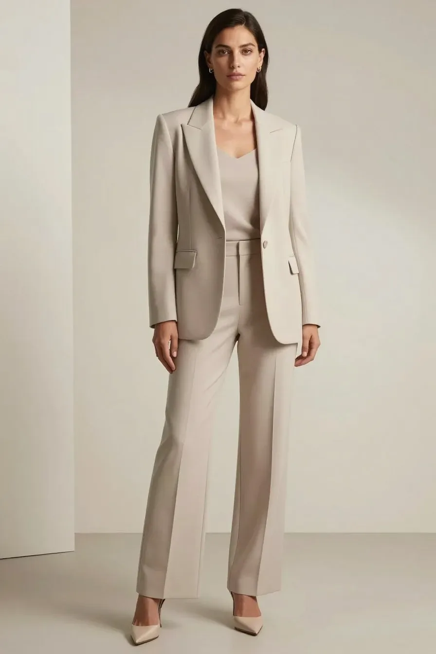 Elegant fashion editorial of a sophisticated woman in neutral toned layered outfit, standing confidently in a minimalist