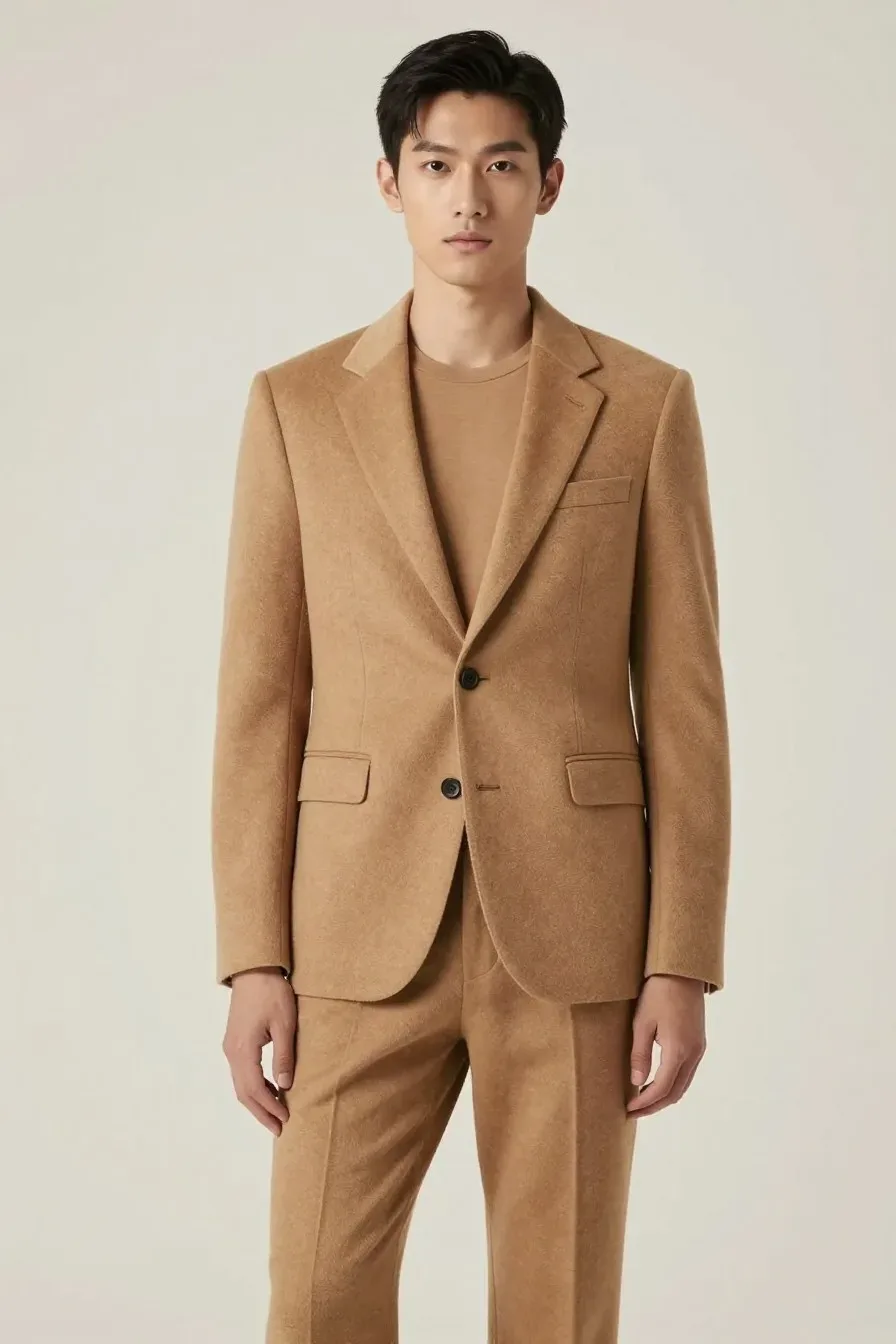 Professional model wearing a complete monochrome camel outfit with tailored wool blazer and trousers, soft studio lighti