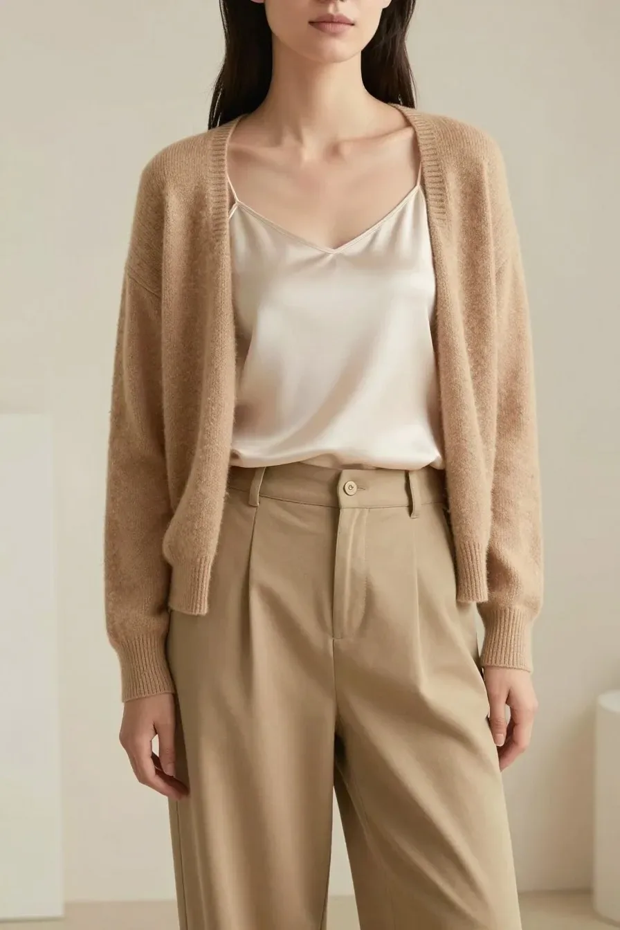 Fashion model wearing layered neutral tones - camel sweater over cream silk camisole, wide-leg khaki trousers, soft natu