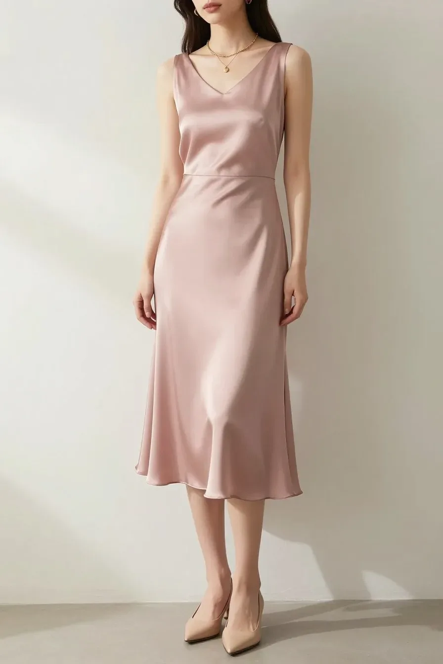 Elegant woman in dusty rose midi dress, silk blend fabric, delicate gold jewelry, pointed leather flats, standing in sof