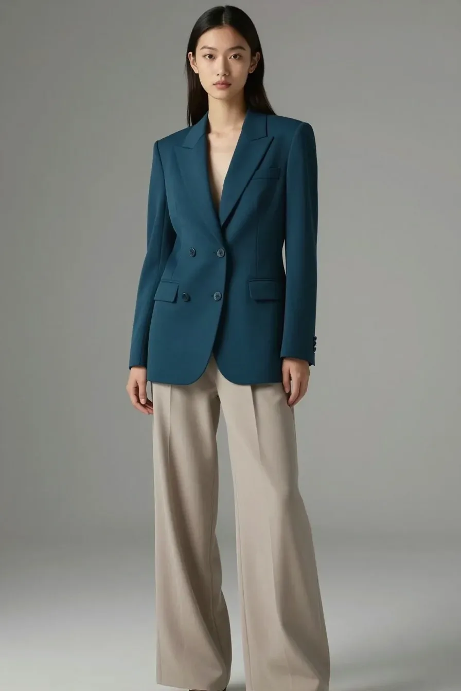 Fashion model in deep teal blazer with structured shoulders, paired with flowing high-waisted neutral trousers, contempo
