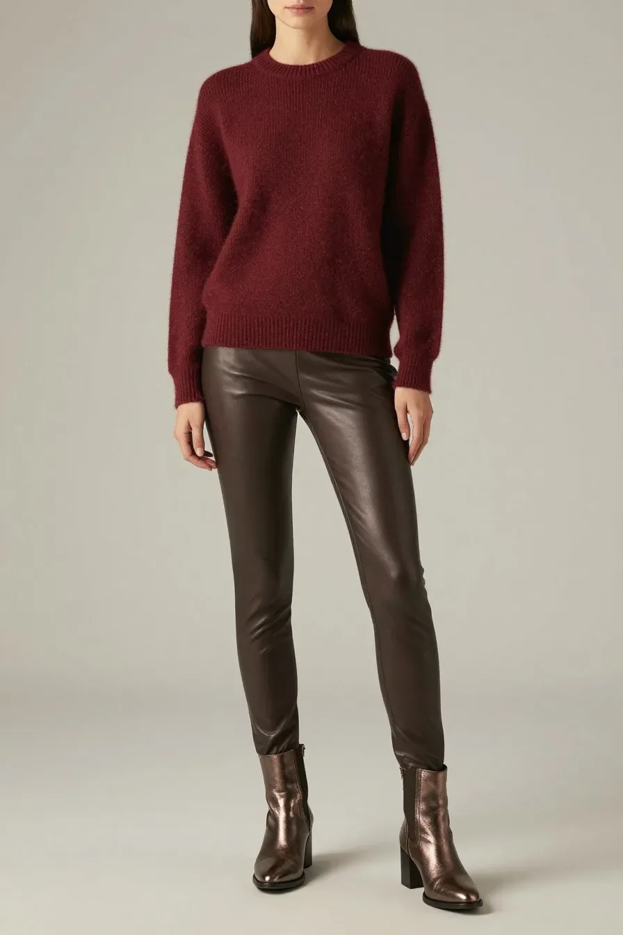Woman wearing rich jewel-tone cashmere sweater, leather leggings, metallic-finish ankle boots, soft studio lighting, ele