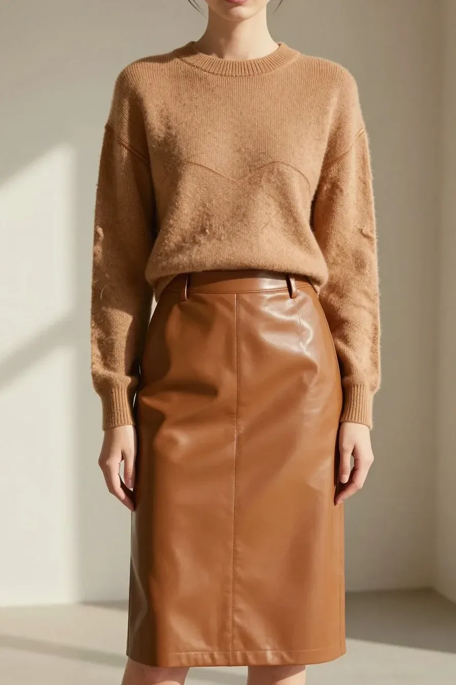 Stylish model in butter-soft caramel leather midi skirt and matching leather-trimmed sweater, soft natural lighting, mod