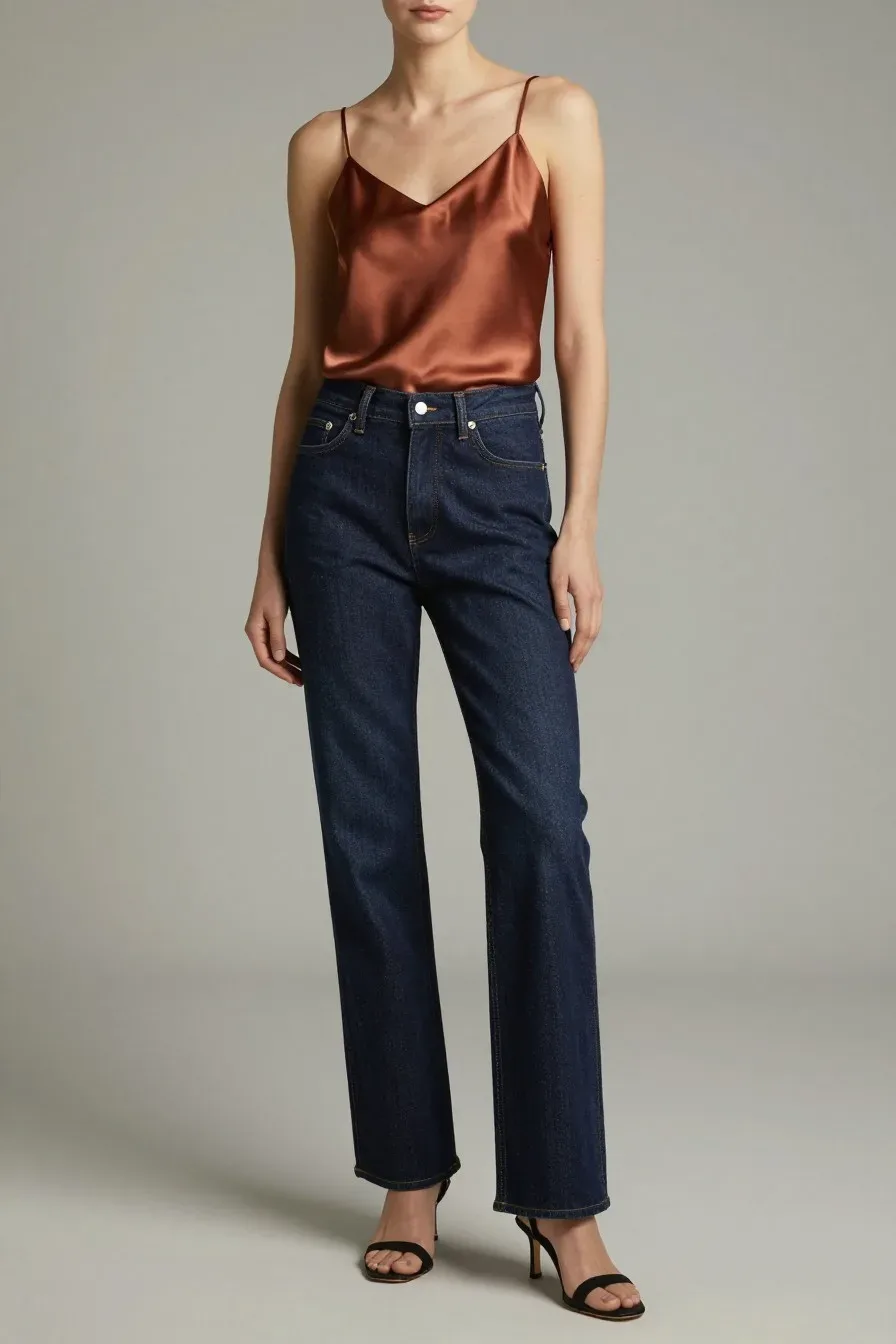 Woman in jewel-tone silk slip camisole, dark structured denim, minimal heeled sandals, soft editorial lighting, sophisti