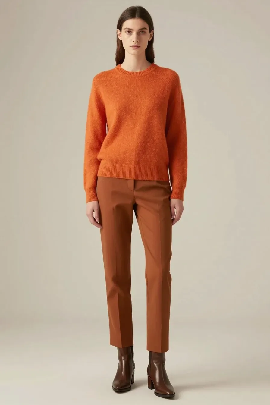 Fashion model wearing burnt orange fine-gauge cashmere sweater, tailored trousers, sleek ankle boots, soft natural light