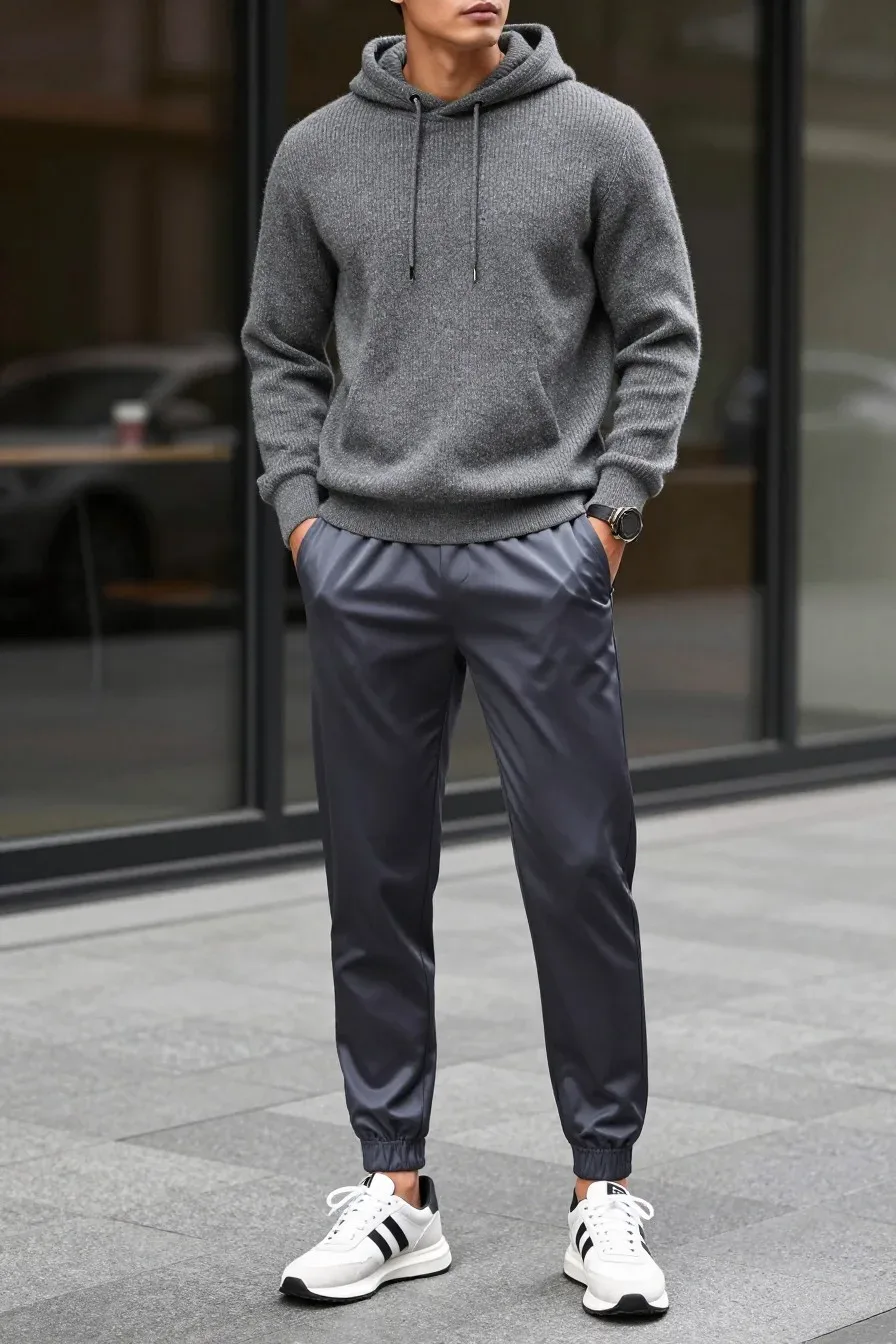 Stylish individual in elevated athleisure - silk-blend joggers, cashmere hoodie, designer sneakers, urban contemporary s