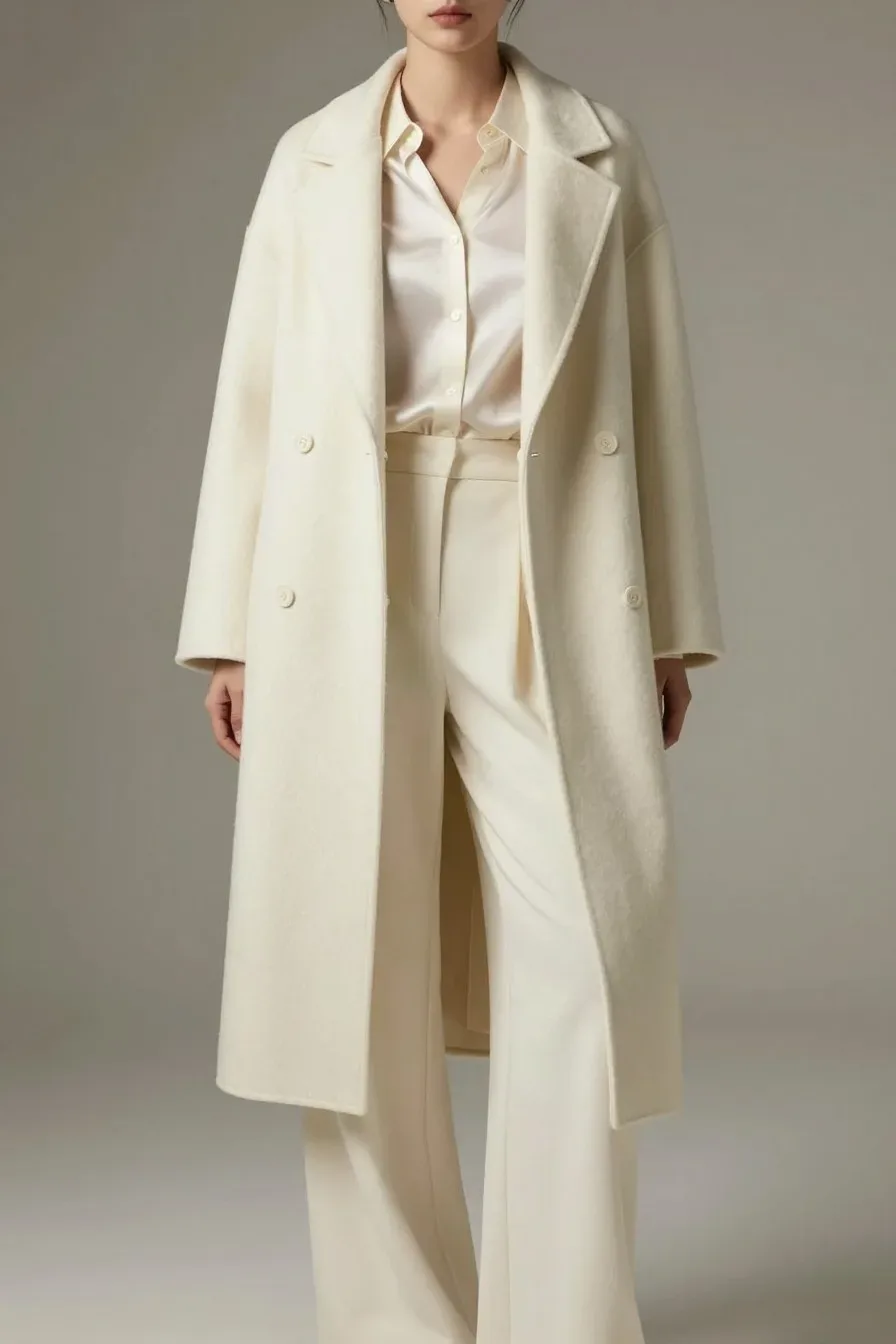Woman in luminous monochrome cream ensemble - wool coat, silk blouse, wide-leg trousers, soft layered textures, elegant 