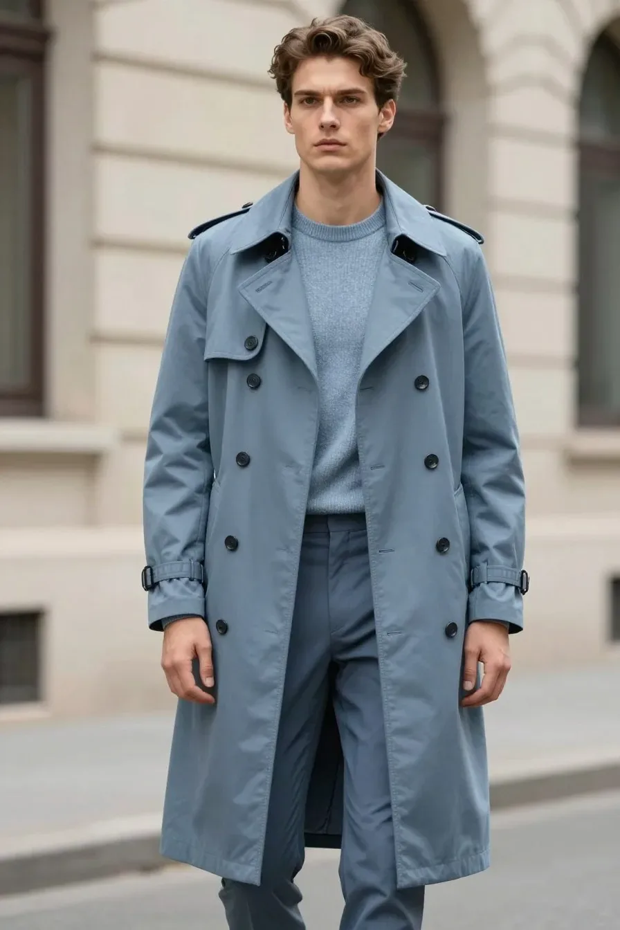 Model wearing dusty blue structured trench coat, fine-gauge sweater underneath, slim trousers, classic styling, natural 