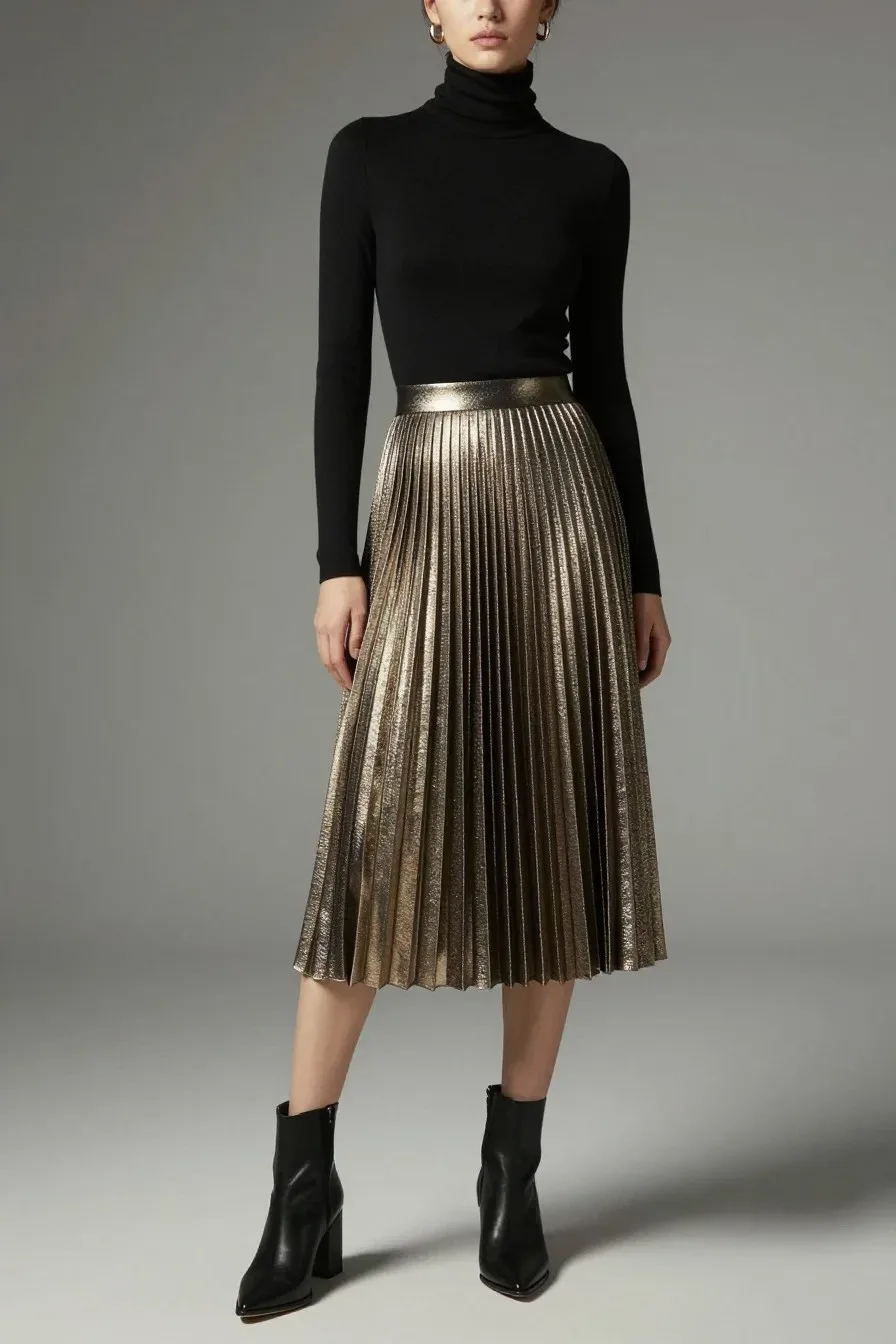 Fashionable woman in metallic pleated midi skirt, fitted black turtleneck, ankle boots, sophisticated evening styling, d