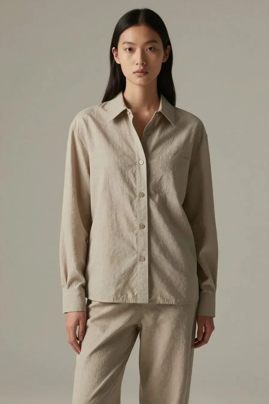 Fashion model subtly mixing complementary prints in similar color palette, understated print coordination, soft editoria