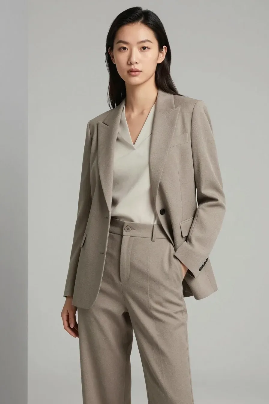 Stylish woman in sophisticated layered outfit, neutral color palette, professional photoshoot lighting, clean modern bac