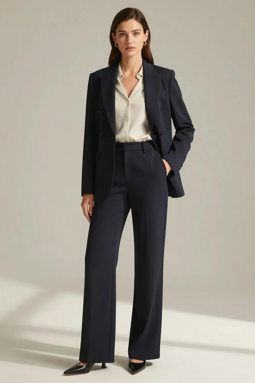Fashion model showcasing versatile, high-end looking outfit combination, soft natural lighting, elegant pose, minimalist