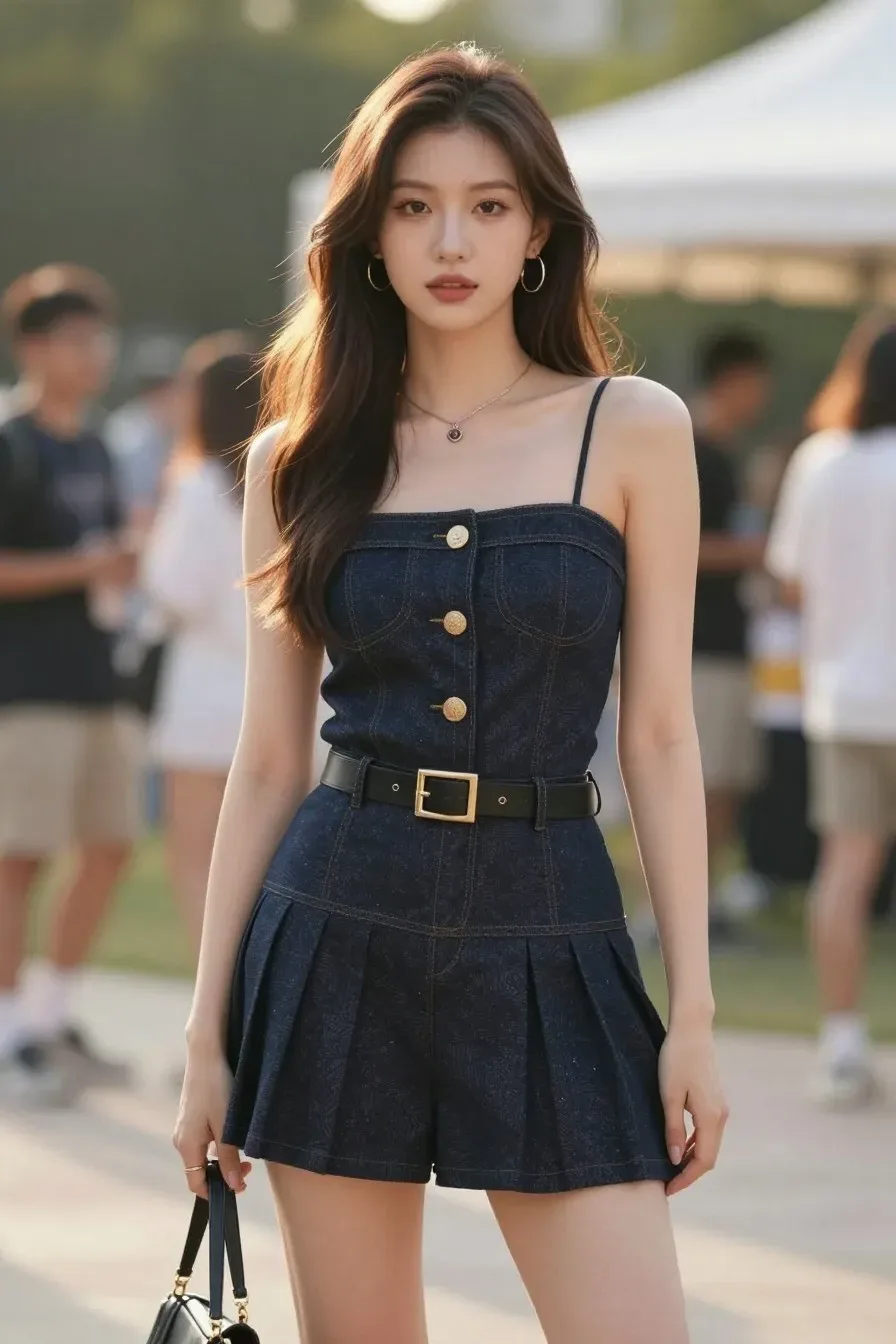 A stylish young woman in her early 20s wearing a chic summer graduation party outfit, standing confidently outdoors with